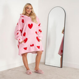 Ohs Heart Print Hoodie Blanket Oversized Fleece Sherpa Throw, Pink Red - thumbnail 4