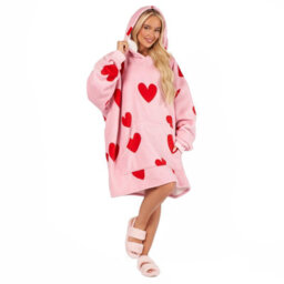 Ohs Heart Print Hoodie Blanket Oversized Fleece Sherpa Throw, Pink Red - thumbnail 5