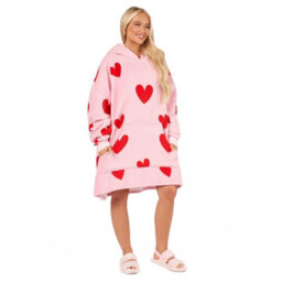 Ohs Heart Print Hoodie Blanket Oversized Fleece Sherpa Throw, Pink Red - thumbnail 6