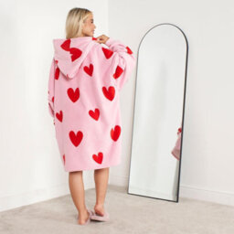 Ohs Heart Print Hoodie Blanket Oversized Fleece Sherpa Throw, Pink Red - thumbnail 3