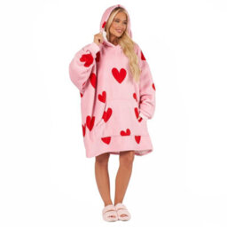 Ohs Heart Print Hoodie Blanket Oversized Fleece Sherpa Throw, Pink Red