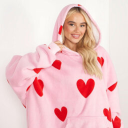 Ohs Heart Print Hoodie Blanket Oversized Fleece Sherpa Throw, Pink Red - thumbnail 2