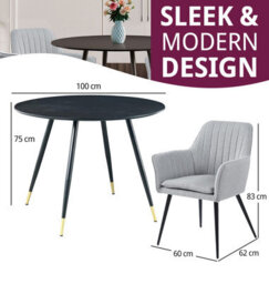 Hallowood Furniture Finley Small Round Dining Table In Black Finish With 2 Steel Grey Fabric Armchairs - thumbnail 3