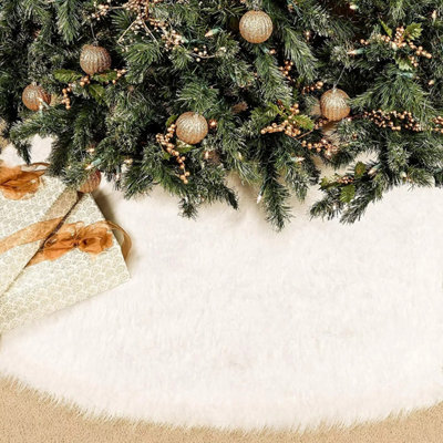 White Christmas Tree Skirt Base Faux Fur Xmas Floor Mat Ornament Decoration - image 1