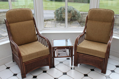 Gardenmarketplace Verona Cane Conservatory Furniture Duo Set- 2 Chairs And A Side Table- Coffee Colour Fabric - image 1
