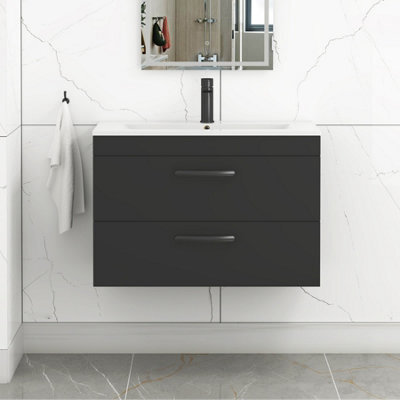 Royal Bathrooms Turin 800mm Wall Hung Vanity Unit Matt Black 2 Drawer Minimalist Basin With Matt Black Handles - image 1