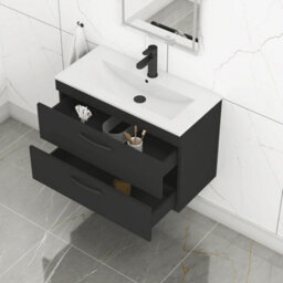 Royal Bathrooms Turin 800mm Wall Hung Vanity Unit Matt Black 2 Drawer Minimalist Basin With Matt Black Handles - thumbnail 5