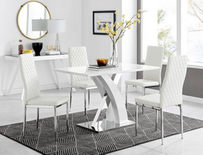 Furniturebox Atlanta White High Gloss And Chrome 4 Seater Dining Table With Statement X Shaped Legs And 4 White Faux Leather Milan Chairs - image 1