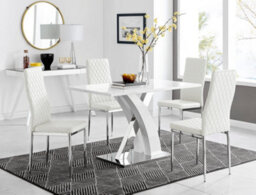 Furniturebox Atlanta White High Gloss And Chrome 4 Seater Dining Table With Statement X Shaped Legs And 4 White Faux Leather Milan Chairs - thumbnail 1