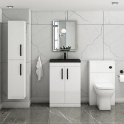 Royal Bathrooms Turin 600mm Floor Standing Vanity Unit 2 Door Gloss White With Black Basin & Handles - thumbnail 5