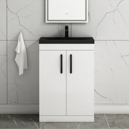 Royal Bathrooms Turin 600mm Floor Standing Vanity Unit 2 Door Gloss White With Black Basin & Handles - thumbnail 4