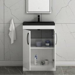 Royal Bathrooms Turin 600mm Floor Standing Vanity Unit 2 Door Gloss White With Black Basin & Handles - thumbnail 6