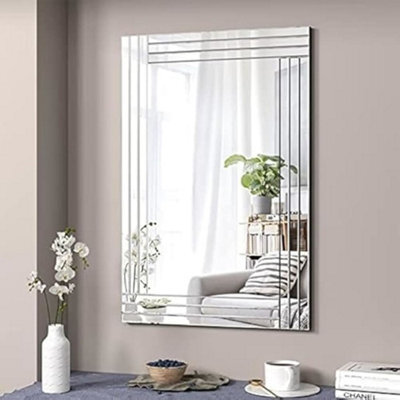 Deenz Large Wall Mirror Silver Bevelled Triple Strips Mdf Back Modern Glass Wall Mirror Home Decor Bedroom Living Room (60X90Cm)
