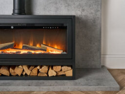 Acantha Pre-Built Concrete Effect Media Wall 3 With Vision Electric Media Stove & Log Store In Black - thumbnail 5