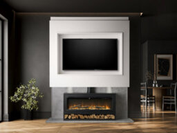 Acantha Pre-Built Concrete Effect Media Wall 3 With Vision Electric Media Stove & Log Store In Black - thumbnail 2