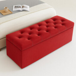 137Cm Chesterfield Ottoman Storage Box, Red Plush Velvet Upholstered Blanket Box, End Of Bed Bench, Deep Storage Chest - thumbnail 1