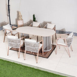 Abrihome Outdoor Garden 7-Piece Dining Set - 180Cm Oval Sintered Stone Table & 6 Weatherproof Rope Weave Chairs, Light Grey - thumbnail 3