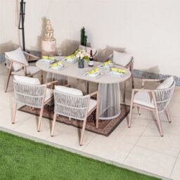 Abrihome Outdoor Garden 7-Piece Dining Set - 180Cm Oval Sintered Stone Table & 6 Weatherproof Rope Weave Chairs, Light Grey - thumbnail 1