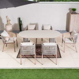 Abrihome Outdoor Garden 7-Piece Dining Set - 180Cm Oval Sintered Stone Table & 6 Weatherproof Rope Weave Chairs, Light Grey - thumbnail 2