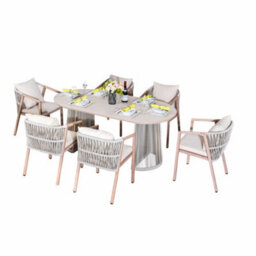 Abrihome Outdoor Garden 7-Piece Dining Set - 180Cm Oval Sintered Stone Table & 6 Weatherproof Rope Weave Chairs, Light Grey - thumbnail 9