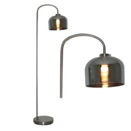 First Choice Lighting Francine Satin Nickel Arched Floor Lamp With Smoke Glass Shade