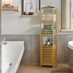 BMBO Tall Bathroom Storage Cupboard With 3 Shelves Natural Brown - thumbnail 3