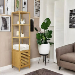 BMBO Tall Bathroom Storage Cupboard With 3 Shelves Natural Brown - thumbnail 2