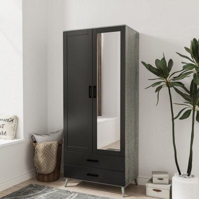 Urbn-Living Urbnliving 180Cm Height Ash Grey Wardrobe With Mirror Grey 2 Door 2 Drawer Bedroom Clothes Storage Hanging Rail - image 1
