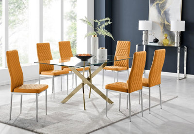 Furniturebox Uk Leonardo 6 Gold Dining Table And 6 Mustard Milan Chairs - image 1