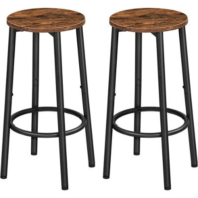 Set Of 2 Industrial Design Rustic Brown Round Wooden Bar Pub Stools Chairs Seats - image 1