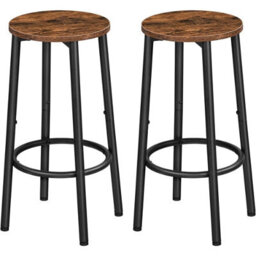 Set Of 2 Industrial Design Rustic Brown Round Wooden Bar Pub Stools Chairs Seats - thumbnail 1