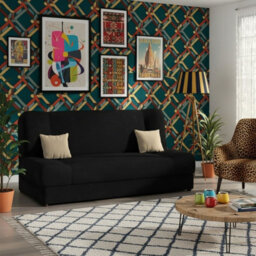 Jonas Living Room Sofa Bed Has Click Clack Sleeping Surface Storage Box Wooden Frame Black And Cream Pillows