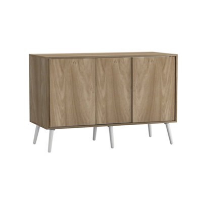 Urbn-Living Urbnliving 3-Door Sliding Cabinet Sideboard Oak Carcass With Oak Doors Storage Organiser Home Cupboard White Wooden Legs - image 1