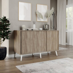 Urbn-Living Urbnliving 3-Door Sliding Cabinet Sideboard Oak Carcass With Oak Doors Storage Organiser Home Cupboard White Wooden Legs - thumbnail 3