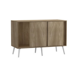 Urbn-Living Urbnliving 3-Door Sliding Cabinet Sideboard Oak Carcass With Oak Doors Storage Organiser Home Cupboard White Wooden Legs - thumbnail 5