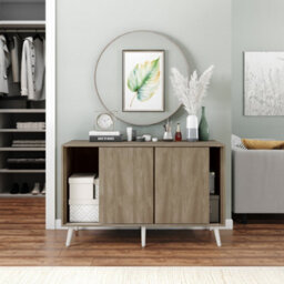Urbn-Living Urbnliving 3-Door Sliding Cabinet Sideboard Oak Carcass With Oak Doors Storage Organiser Home Cupboard White Wooden Legs - thumbnail 4