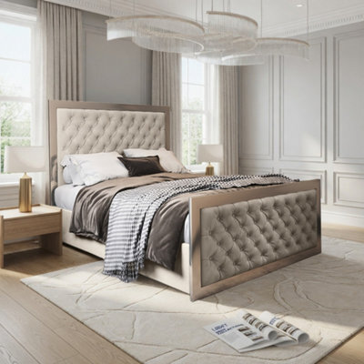 Mawdesley Upholstered Soft Velvet Beige Metal Designer Bed Frame - image 1