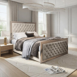 Mawdesley Upholstered Soft Velvet Beige Metal Designer Bed Frame - thumbnail 1