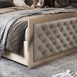 Mawdesley Upholstered Soft Velvet Beige Metal Designer Bed Frame - thumbnail 6