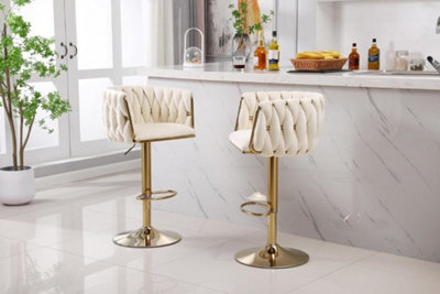 Hygrad Built to Survive Set Of 2 X Velvet Woven Upholstered Adjustable High Swivel Breakfast Bar Pub Home Stool Chair With Gold Metal Base & Gas Lift - image 1