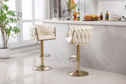 Hygrad Built to Survive Set Of 2 X Velvet Woven Upholstered Adjustable High Swivel Breakfast Bar Pub Home Stool Chair With Gold Metal Base & Gas Lift
