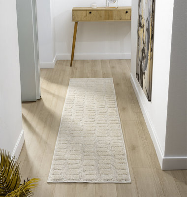Isabella Living Room Area Rugs - Embossed Cobble Design Cream 60Cm X 220Cm - image 1