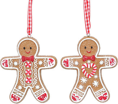 Gisela Graham Christmas Set Of Two Gingerbread Men Hanging Ornaments With Gingham Twine, Small 7 X 1 X 8 Cm