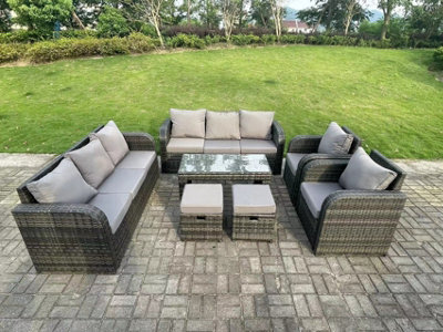 Fimous 10 Seater Dark Grey Pe Rattan Garden Furniture Set Reclining Chair 3 Seater Lounge Sofa Set Coffee Table - image 1