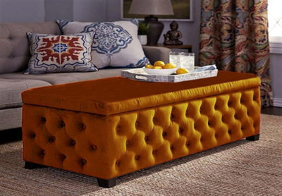 90Cm Wide Empire Ottoman Storage Box With Legs, Burnt Orange Velvet Chesterfield Upholstered Ottoman Footstool Coffee Table - image 1