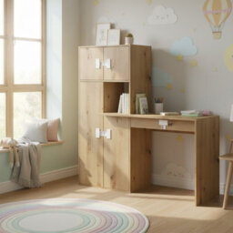 Index 11 Desk  Modern Laminated Office Desk Artisan Oak And Artisan Oak Gloss With Cabinets And Handles