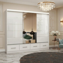 Florence 250 Large Sliding Wardrobe With Mirror Door Modern For Bedroom And Dining Room Storage White Semi Gloss With Mirror