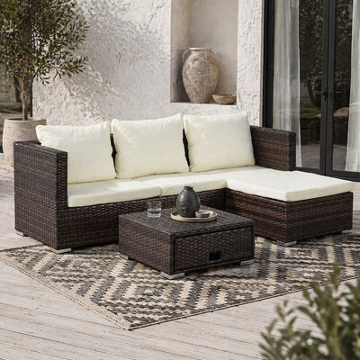 Lilisa Rattan Brown And Cream 3 Piece Garden Sofa Set With Storage Table - Wyld Haus - image 1