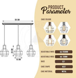 3 Light Pendant Light Height Adjustable, E27 Ceiling Lights Metal Square Plate Hanging Lights For Dining Room, Coffee Shop - thumbnail 2