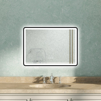 AVER-GROWTH 50X70Cm Black Led Bathroom Mirror With 3 Clour Lights Bluetooth Speaker Clock Illuminated Mirror Vertical Horizontal - image 1